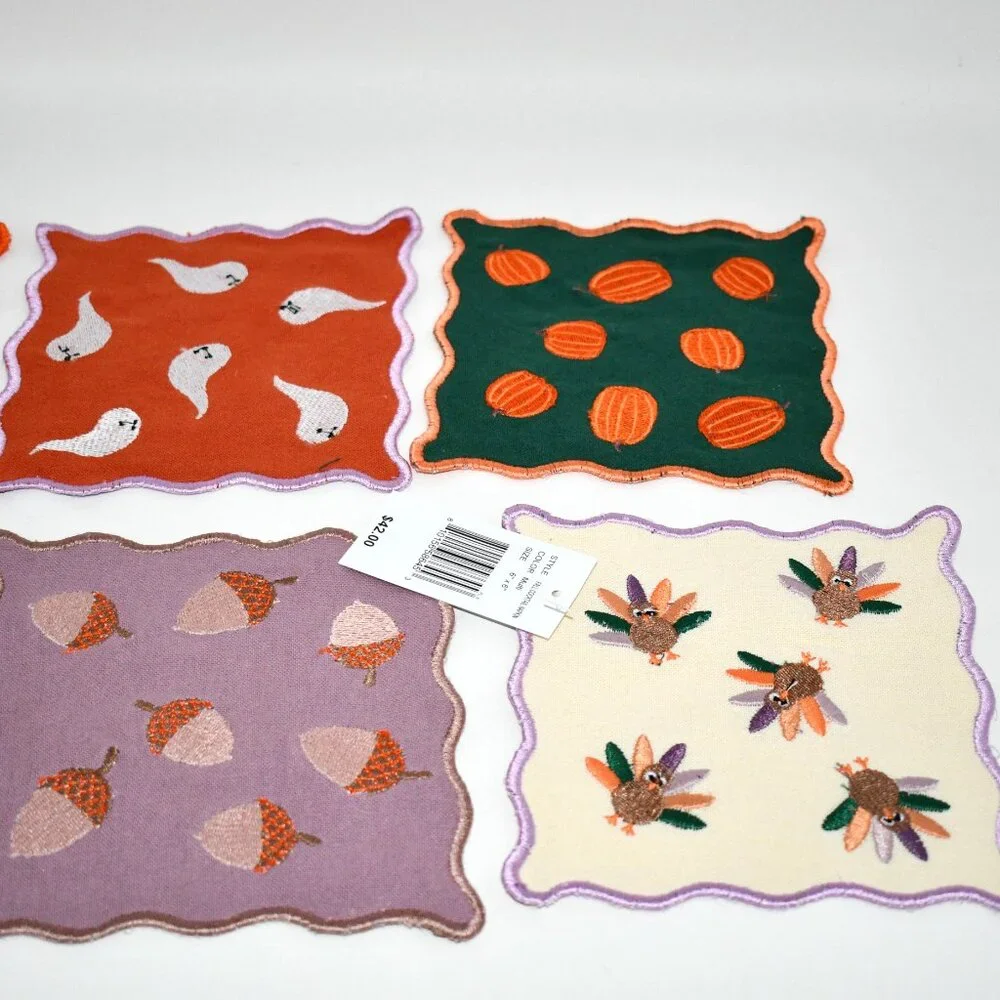 Furbish Fall Embroidered Cocktail Napkin, Set of 6 #CKTL-NAP-1 NWT